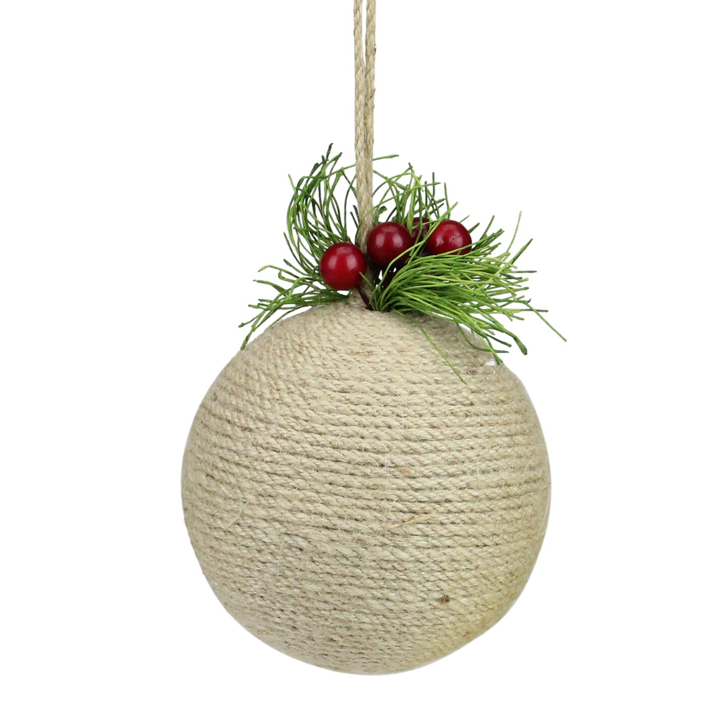 Napco Beige Twine with Holly Berries Christmas Ball Ornament 5.5" (130mm)