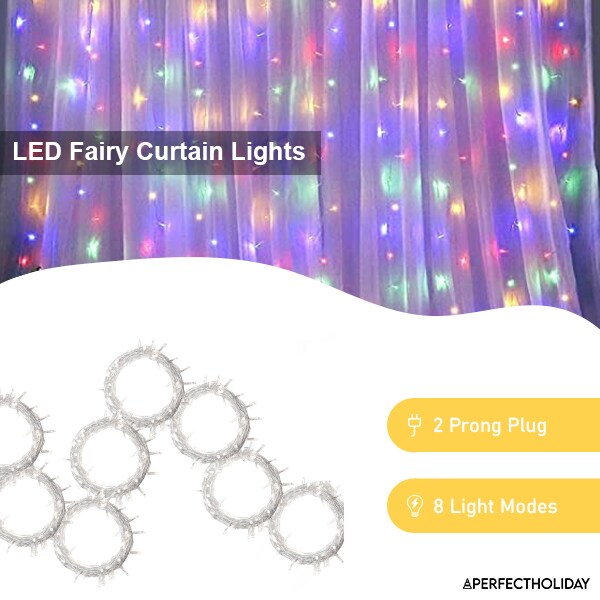 Perfect Holiday 300 LED Curtain String Lights Plug In - 8 Light Modes