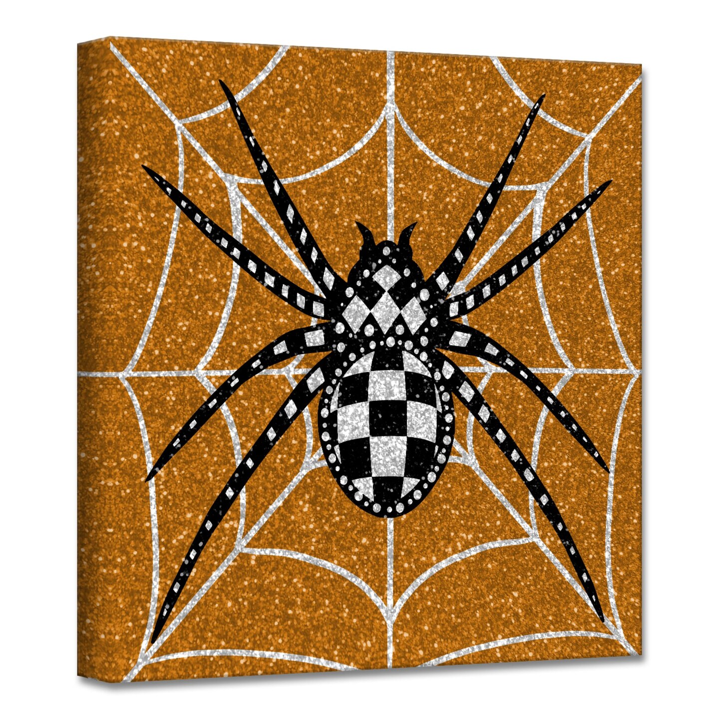 Crafted Creations Black and White Glamoween Spider I Square Canvas Halloween Wall Art Decor 20&#x22; x 20&#x22;