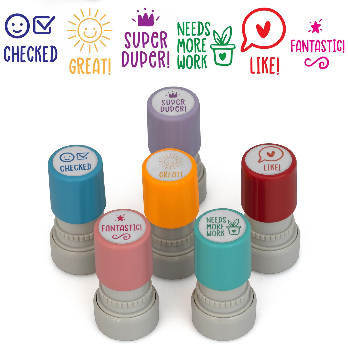 Stamp Joy - Set of 6 Self-Ink Flash Stamp Set, Multicolor Teacher Stamps, Pre-Inked (Motivation Set)