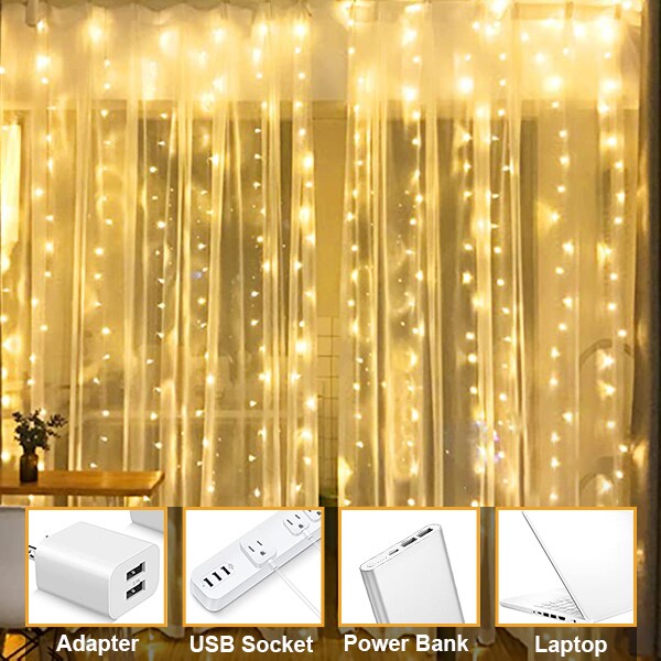 Perfect Holiday 300 LED USB Fairy Curtain Light With Remote - 8 Light Modes