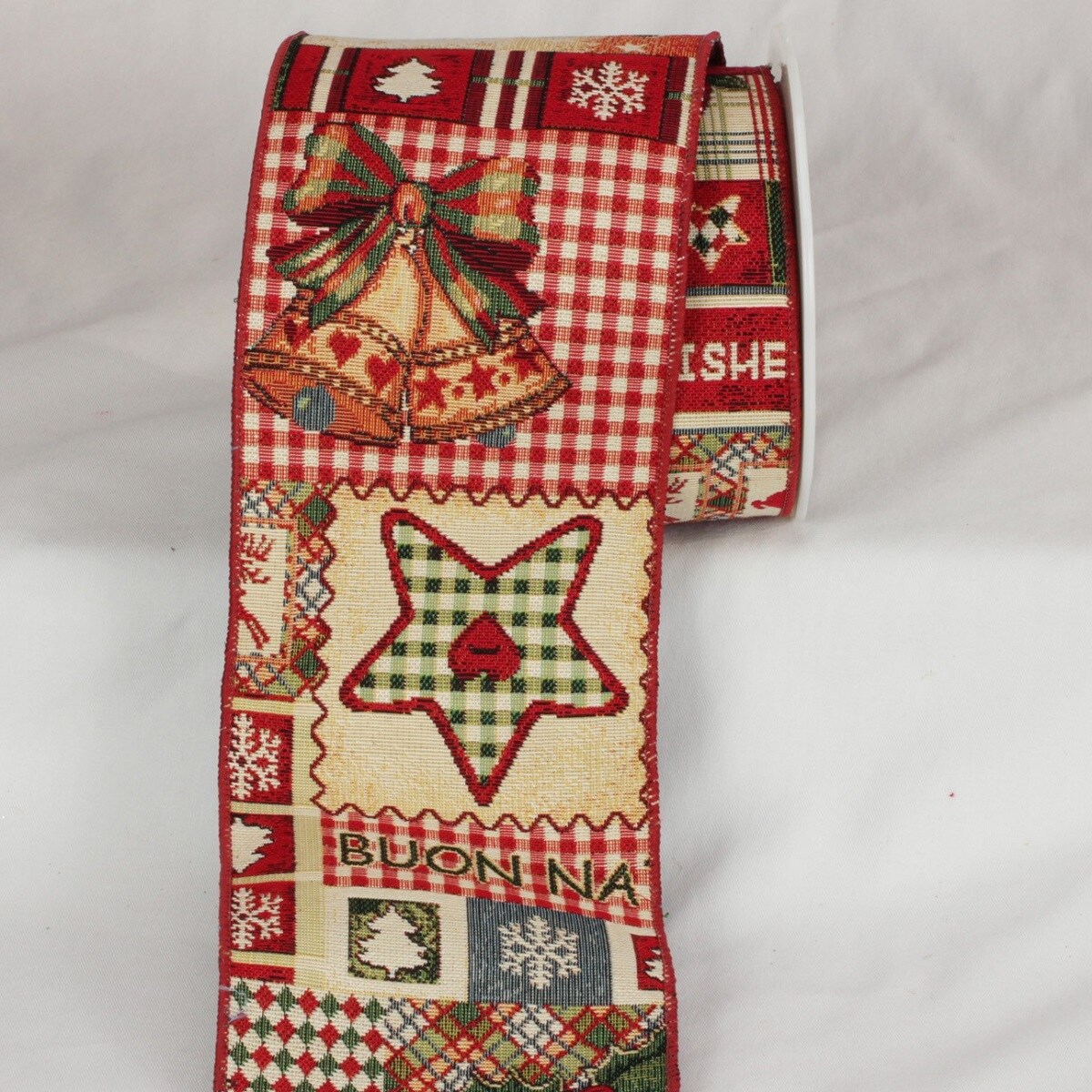 The Ribbon People Red and Ivory Santa Holiday Print Wired Craft Ribbon