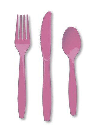 Party Central Club Pack of 288 Cotton Candy Pink Premium Heavy-Duty Plastic Party Knives, Forks and Spoons 7.5&#x22;