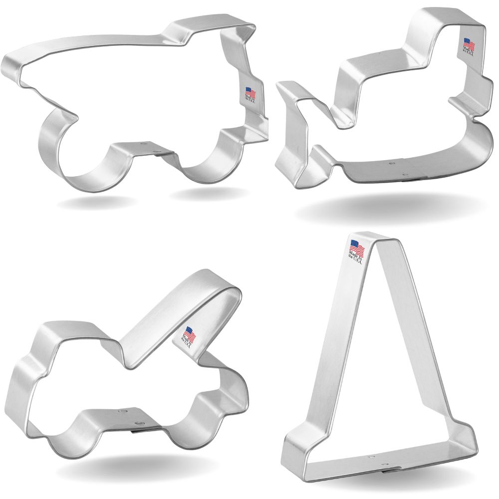 CookieCutter.com Construction 4 Piece Cookie Cutters Set, Bulldozer, Dump Truck, Tow Truck, Traffic Cone, Tin Plate Steel, USA