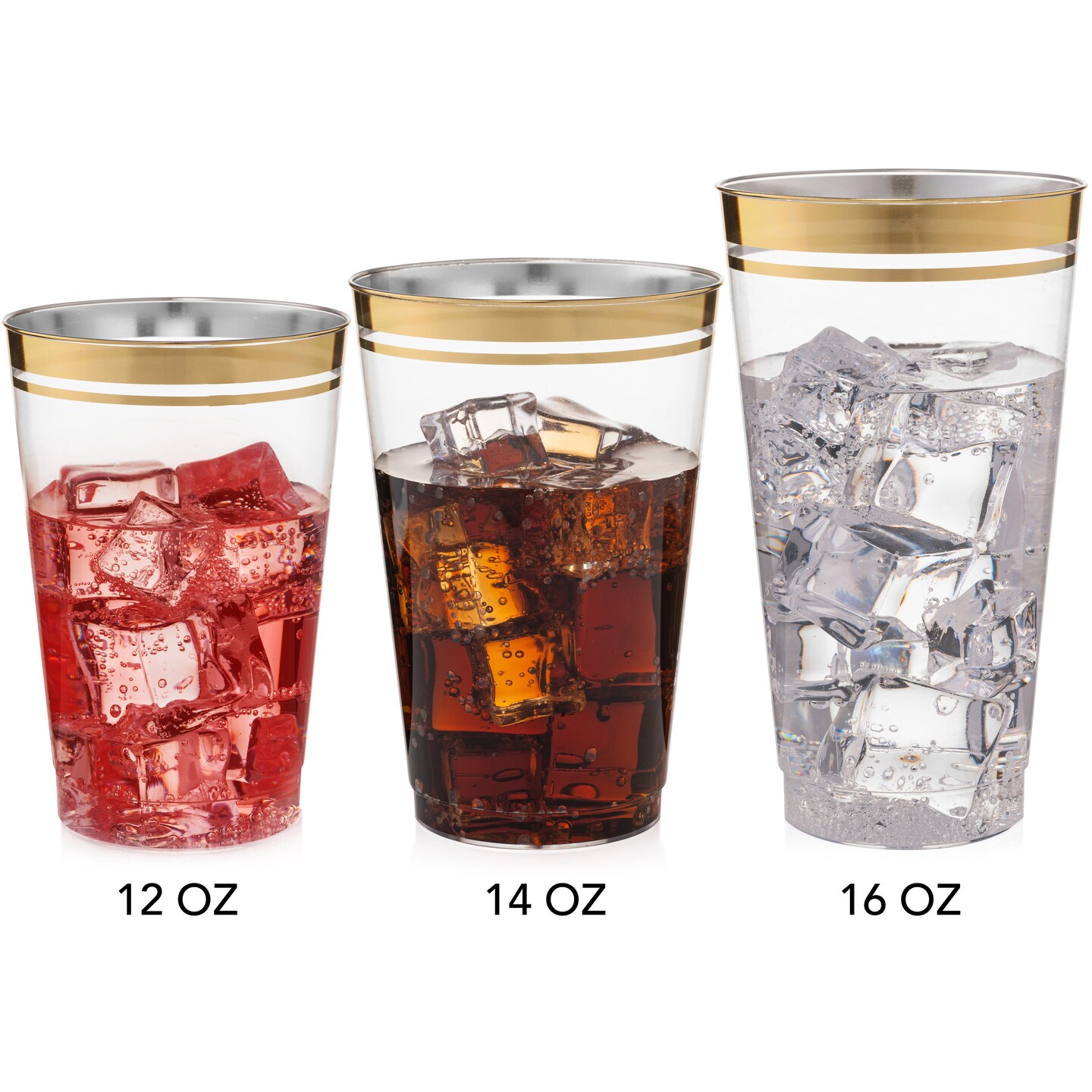 100 Pk 12 oz Clear Plastic Cups, Gold Rimmed Disposable Cups