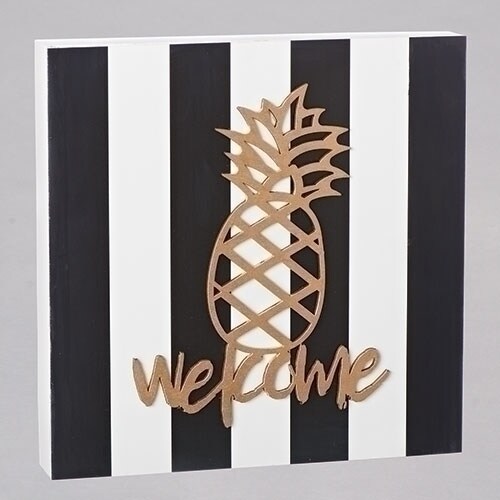 Roman 10.5&#x22; Black and White Striped Pineapple Welcome Laser Cut Square Wall Plaque