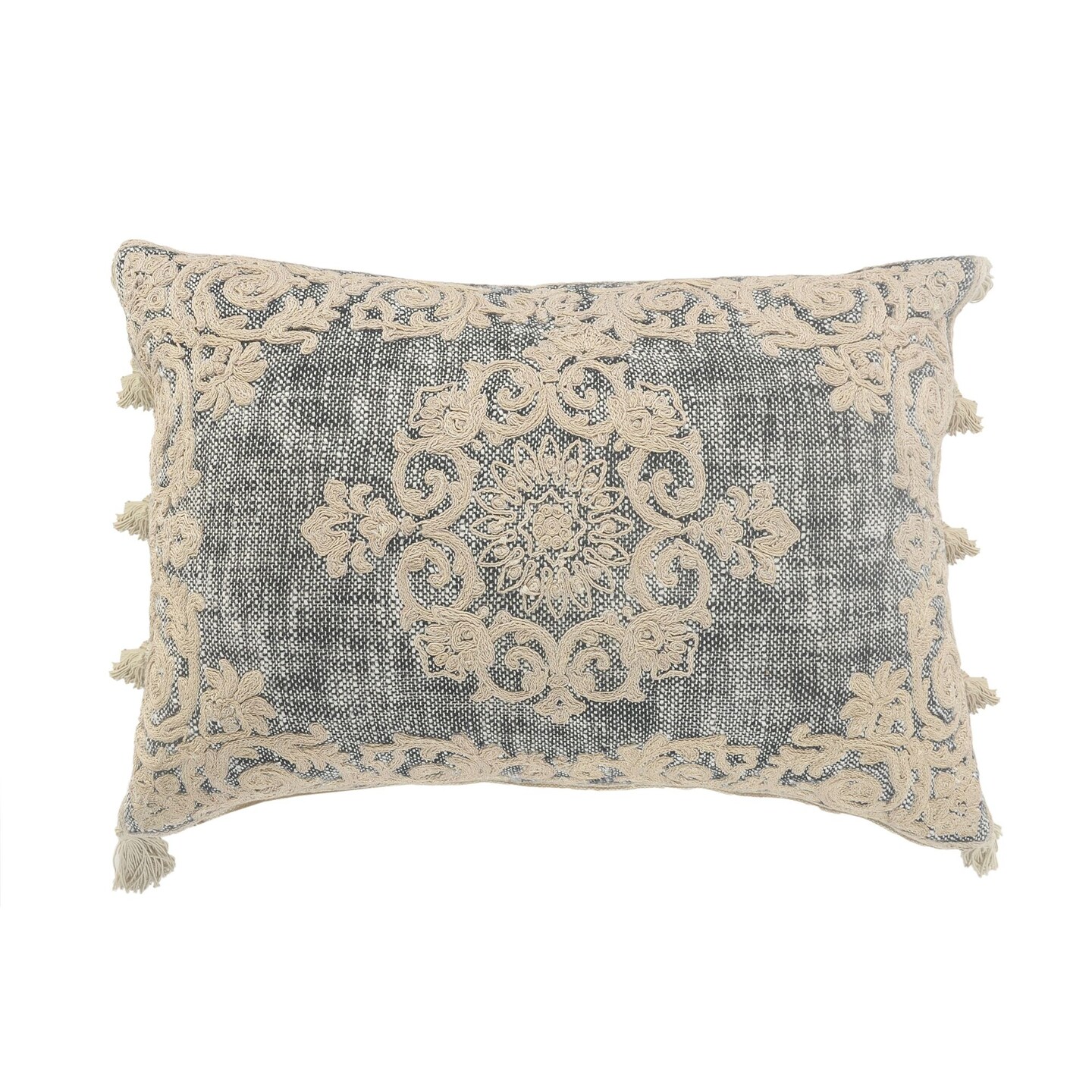 Laddha Home Designs 20&#x22; Gray and Ivory Medallion Lumbar Throw Pillow