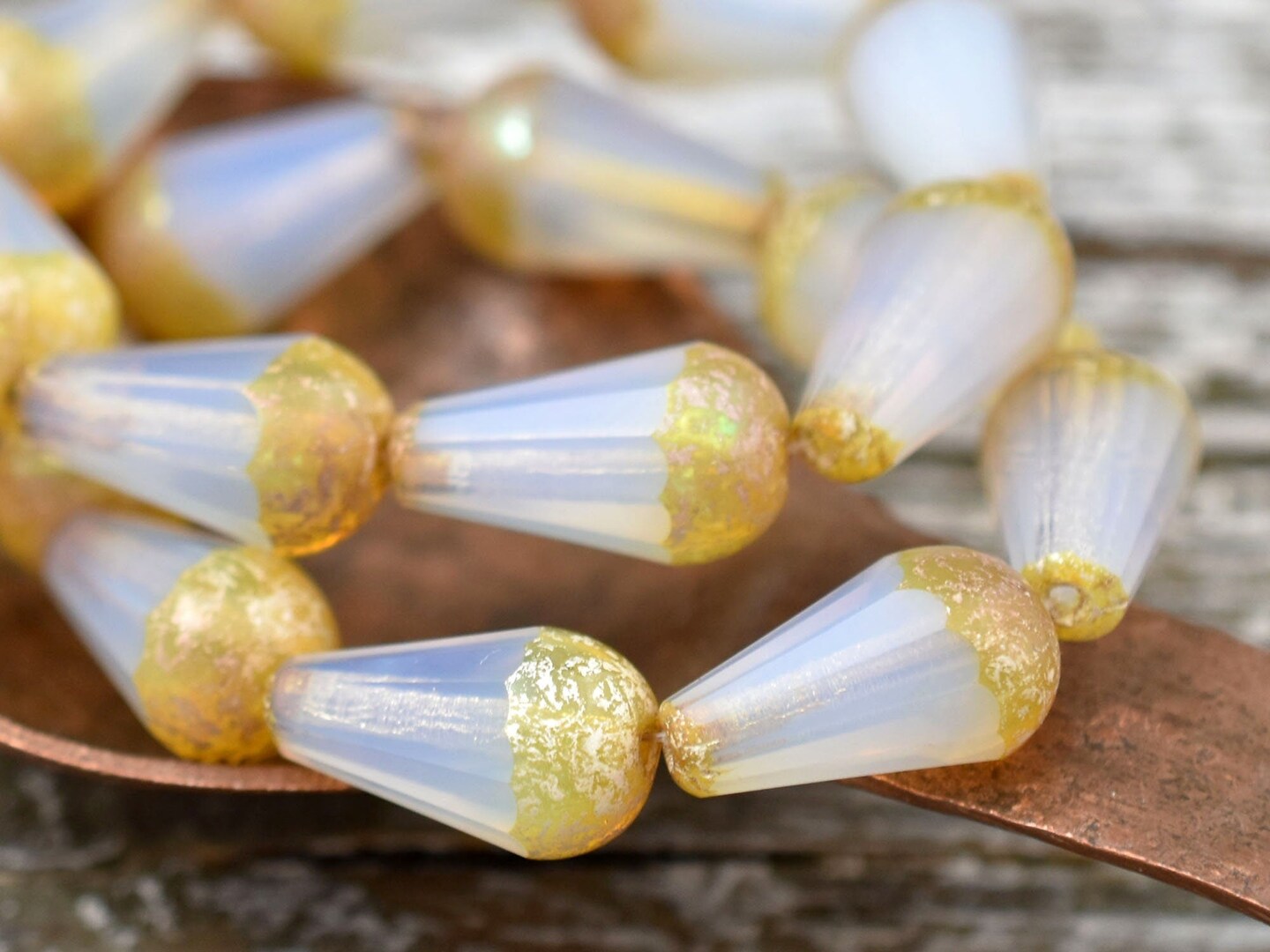 *4* 8x15mm Antique Silver Washed Milky Crystal Picasso Faceted Drop Beads