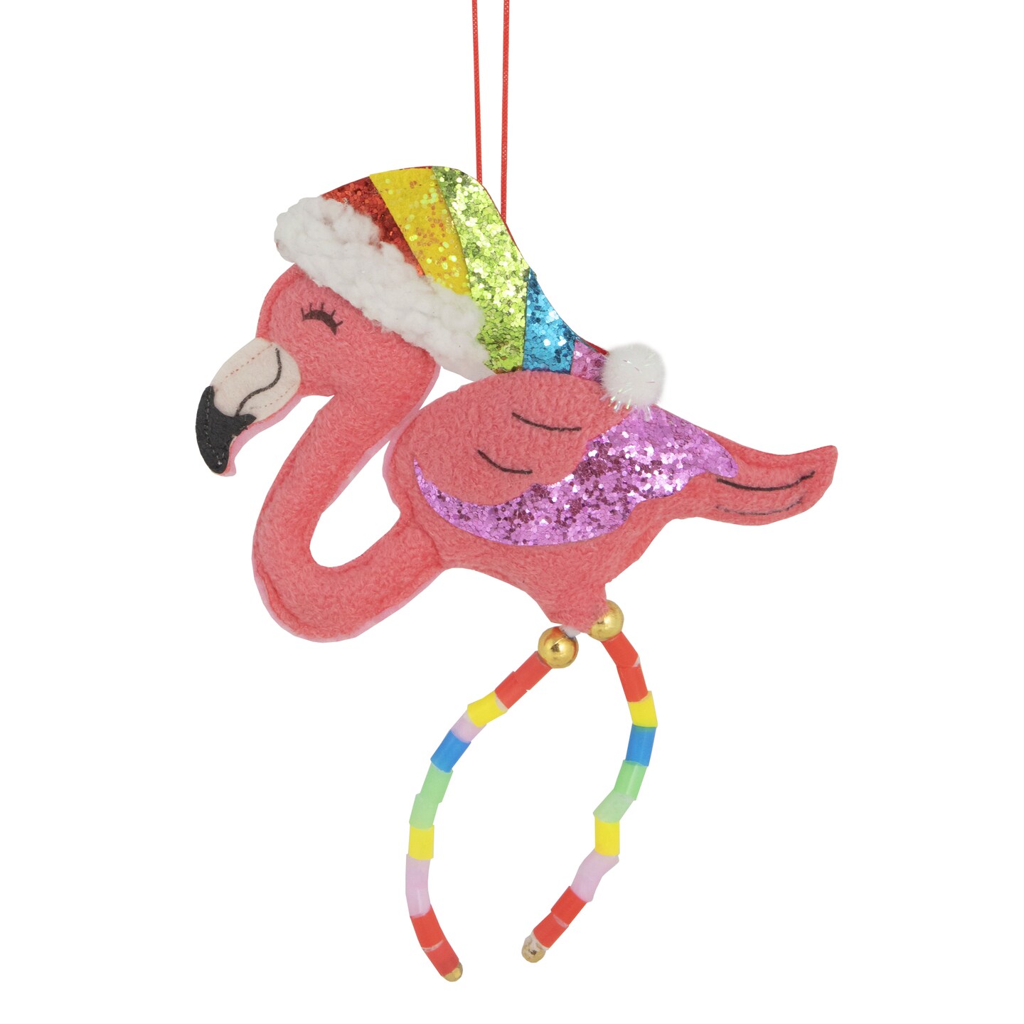 Northlight 7.5&#x22; Pink Plush Flamingo with Rainbow Santa Hat Christmas Ornament