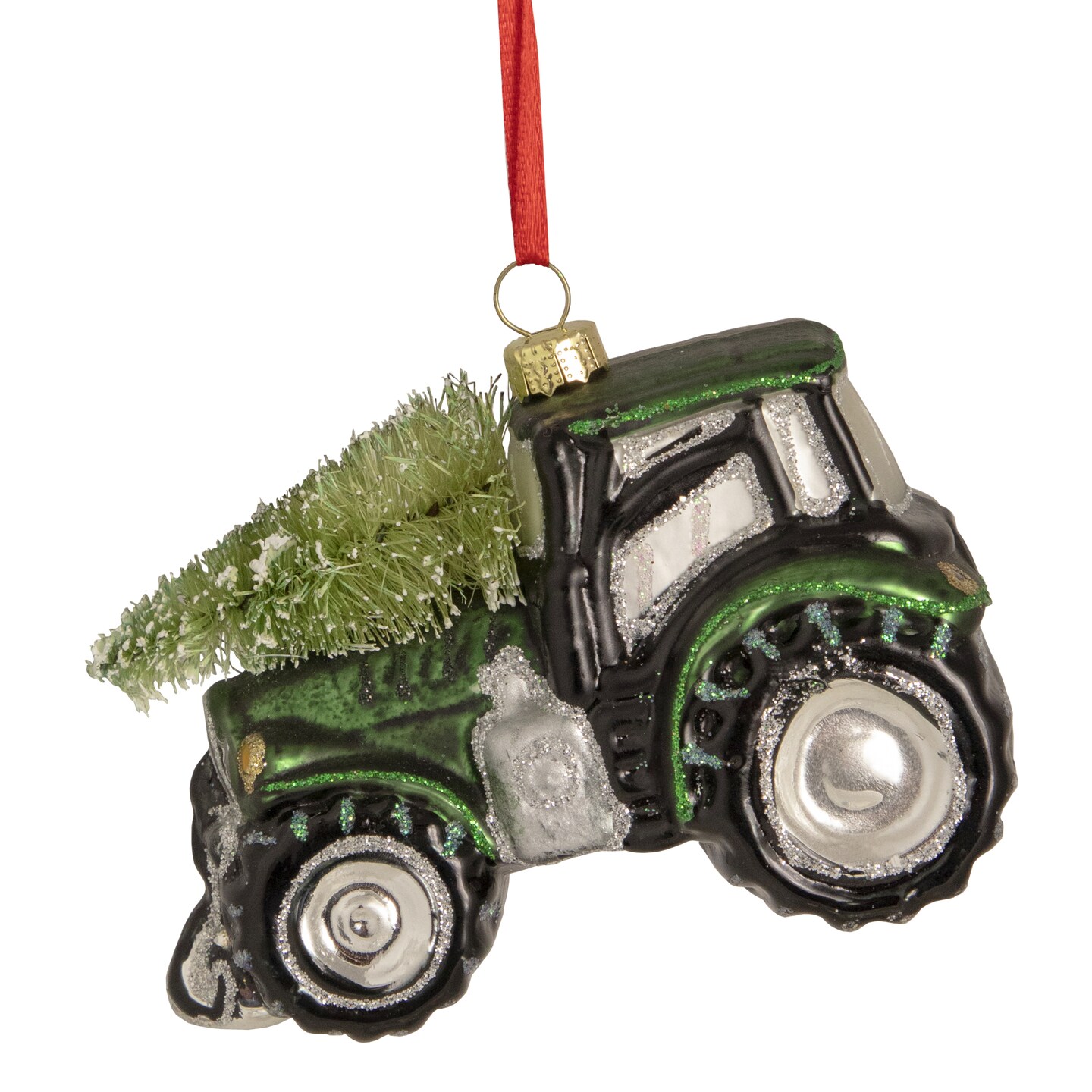 Northlight Tractor with Tree Glass Christmas Ornament - 4&#x22; - Green