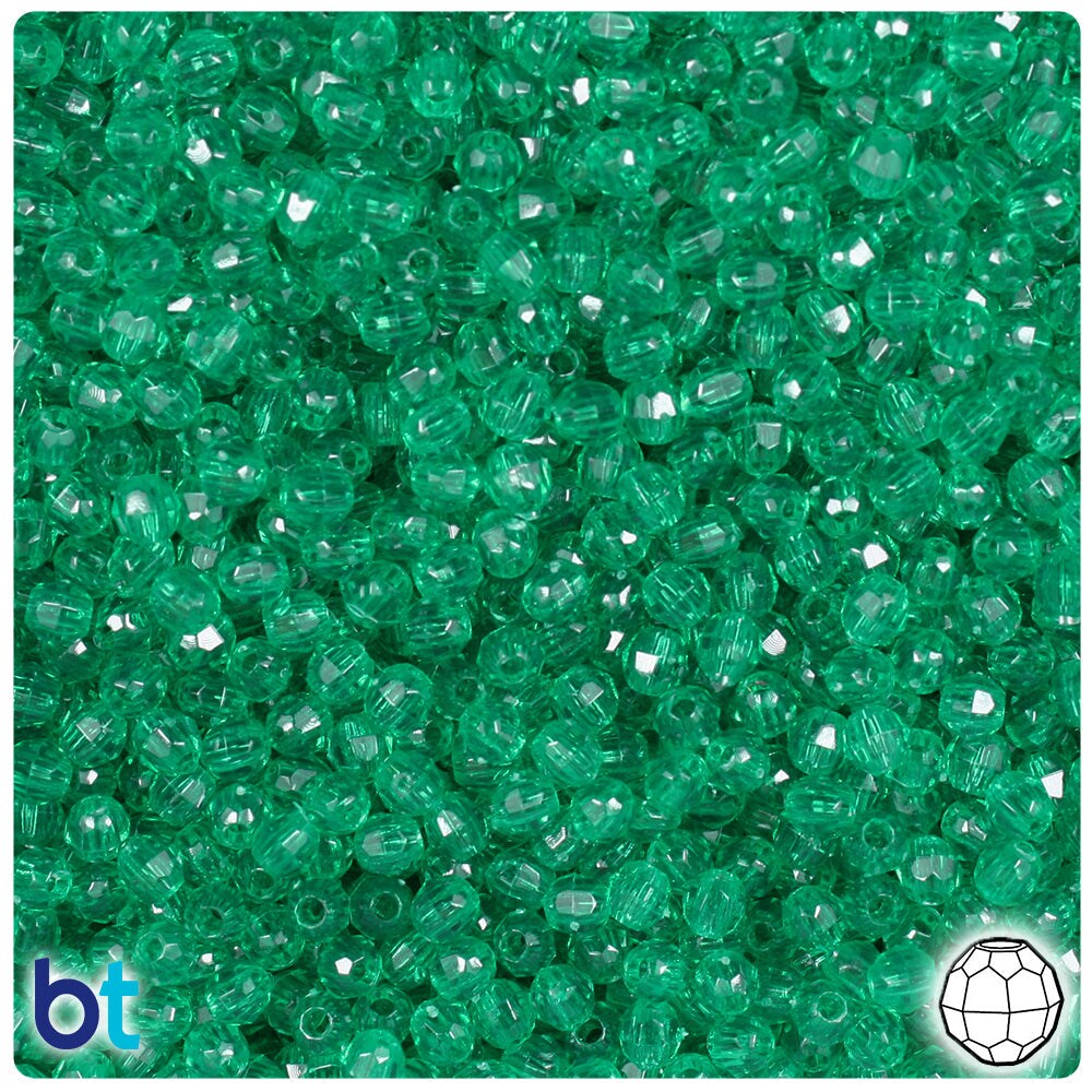 BeadTin Emerald Transparent 4mm Faceted Round Plastic Craft Beads (1350pcs)