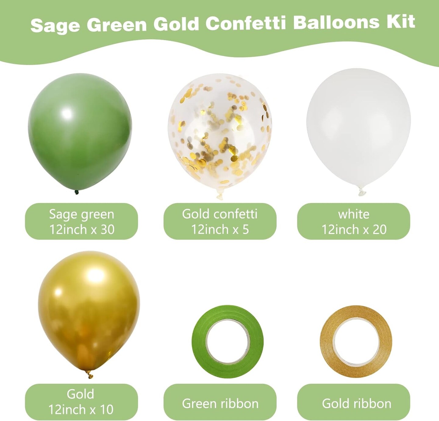 65Pcs 12 Inches Sage Green Gold Confetti Balloons Kit, Green White Metallic Gold Party Balloons with Ribbons for Birthday, Wedding, Baby Shower, Graduation, Eucalyptus Party Decorations