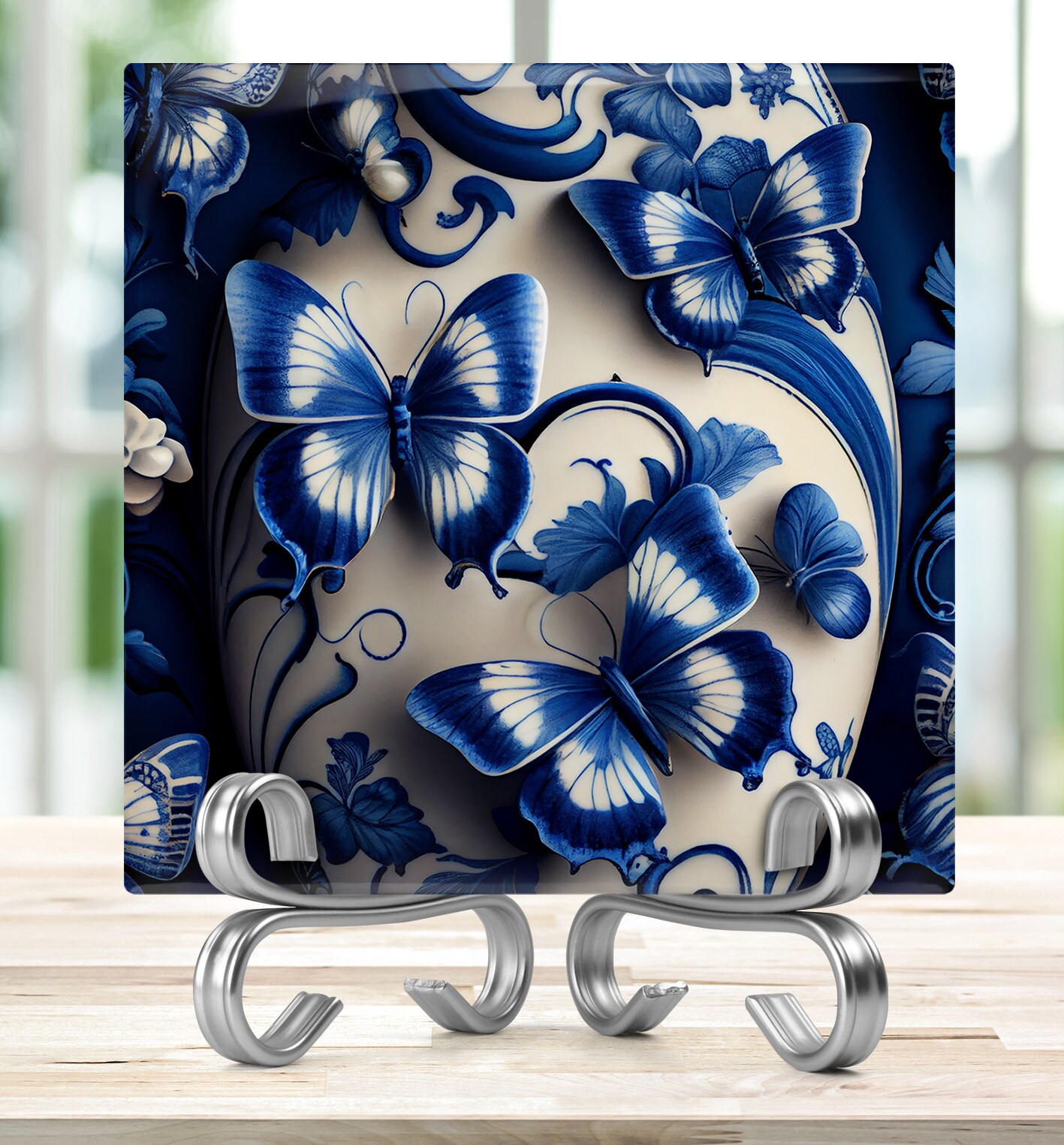 Butterflies Blue and White Ceramic Coaster Set