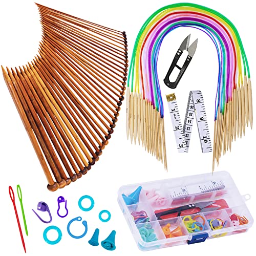 Bamboo Knitting Needles Set, Exquiss 18 Pairs Circular(31.5”) Wooden Knitting  Needles with Colored Plastic Tube, 36PCS Single Pointed Bamboo Knitting  Needles(9.5”), Include Knitting Tools for Weaving