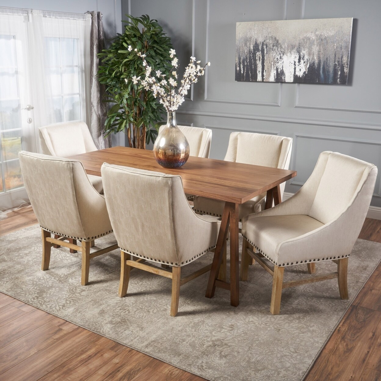 GDFStudio Sandor Farmhouse 7 Piece Dining Set with Fabric Dining Chairs