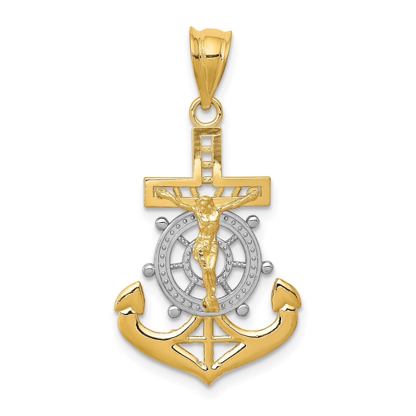 14K Two Tone Gold Diamond Cut Mariners Cross Pendant Charm Jewelry 30 x 17 mm