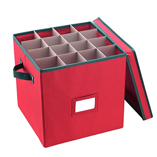 Christmas Box with Adjustable Dividers and Lid Ornaments Storage, Red