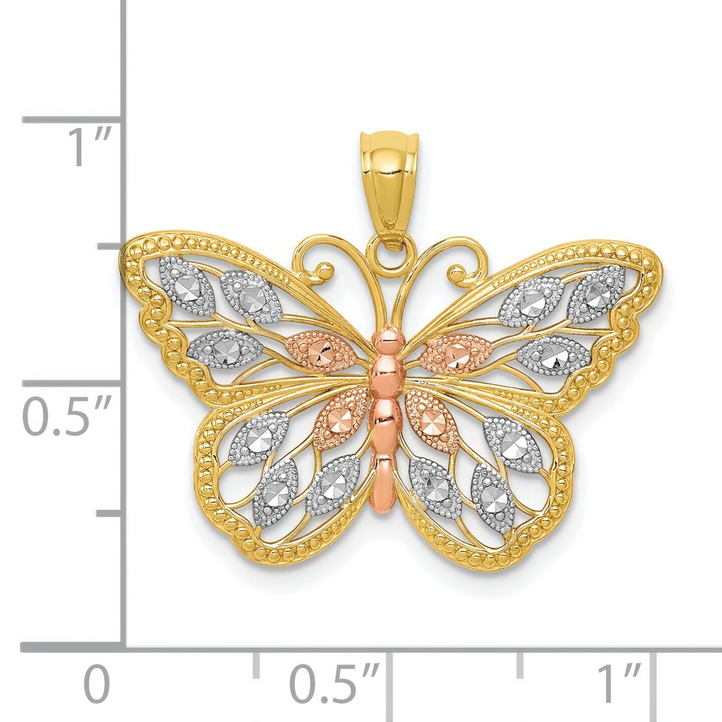 14K Tri-Color Gold Diamond Cut Butterfly Pendant Charm Jewelry 16 x 26 mm