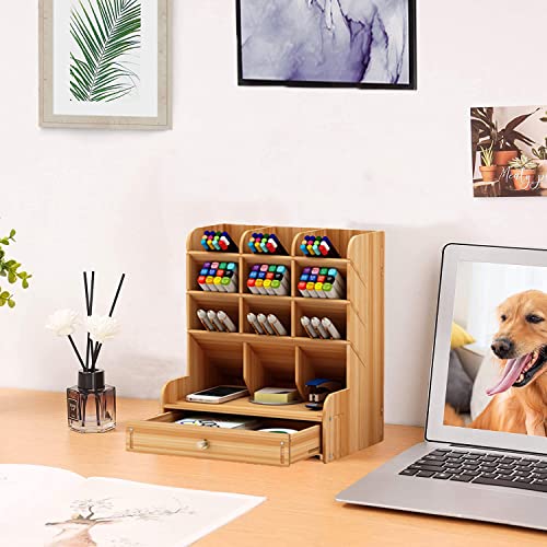 Wooden Desk Organizer, Multi-Functional DIY Pen Holder, Organizer for desk, Desktop Stationary, Easy Assembly, Home Office Art Supplies Storage with Drawer (B11-Cherry Color)