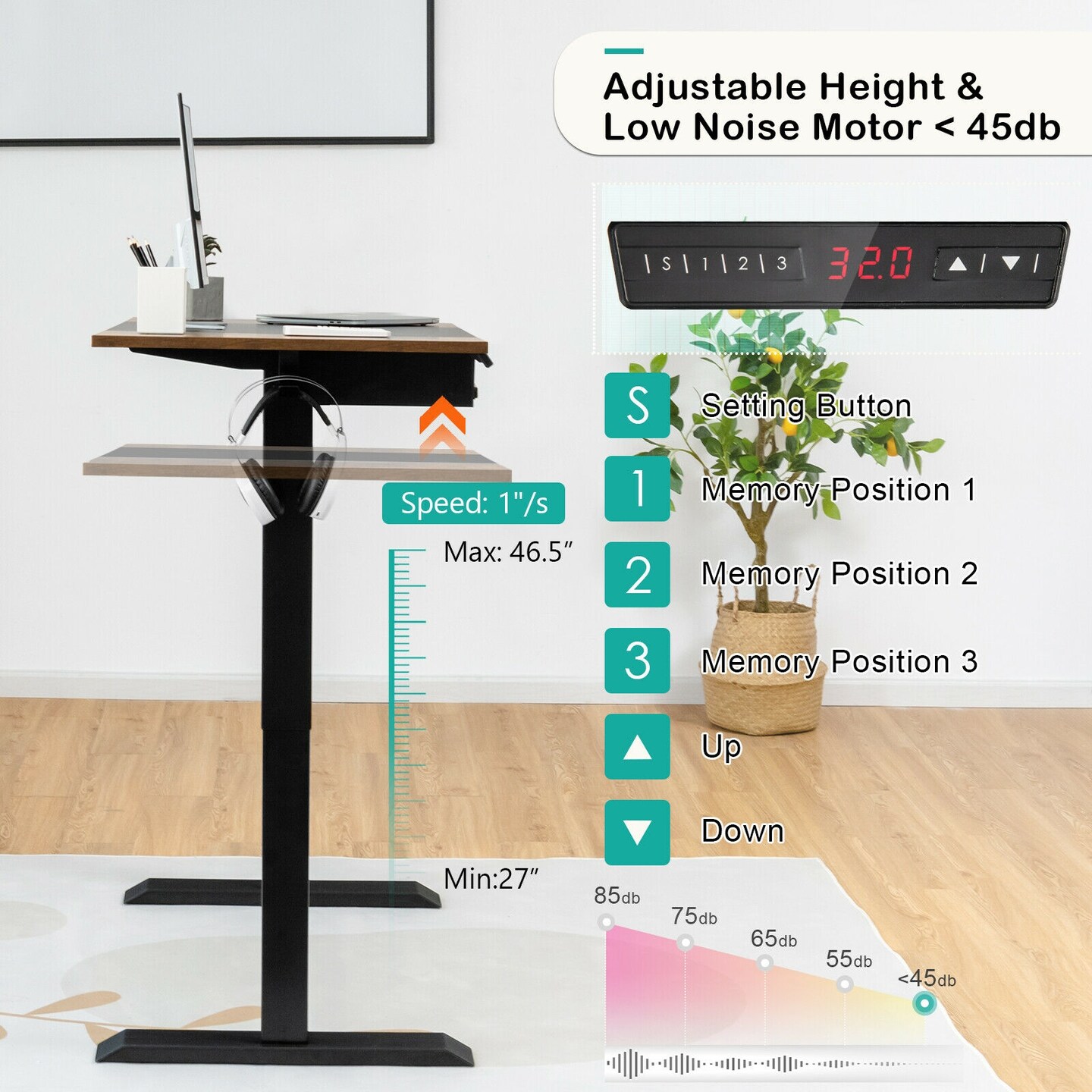 48 Inch Electric Sit to Stand Desk with Keyboard Tray and 2 Hanging Hooks