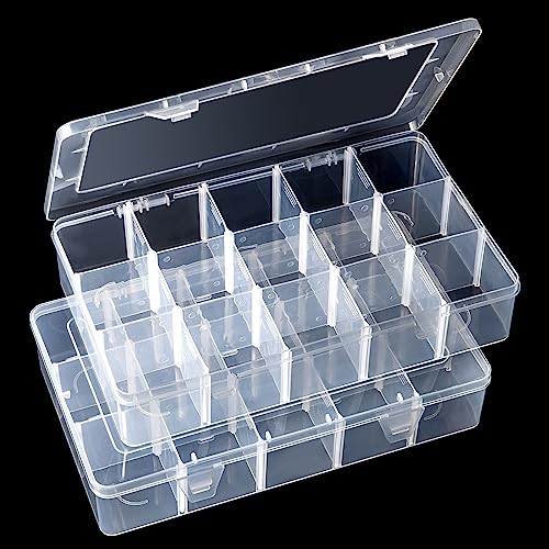 2 Pieces 15 Large Grids Clear Plastic Jewelry Box Organizer Storage Container with Removable Dividers
