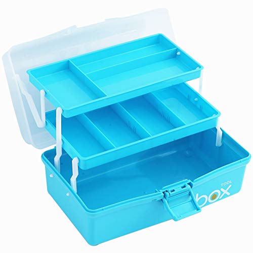 12'' Three-Layer Clear Plastic Craft Storage Box, Tool Box/Sewing Box Organizer, Art Storage Box with Handle (Light Blue)