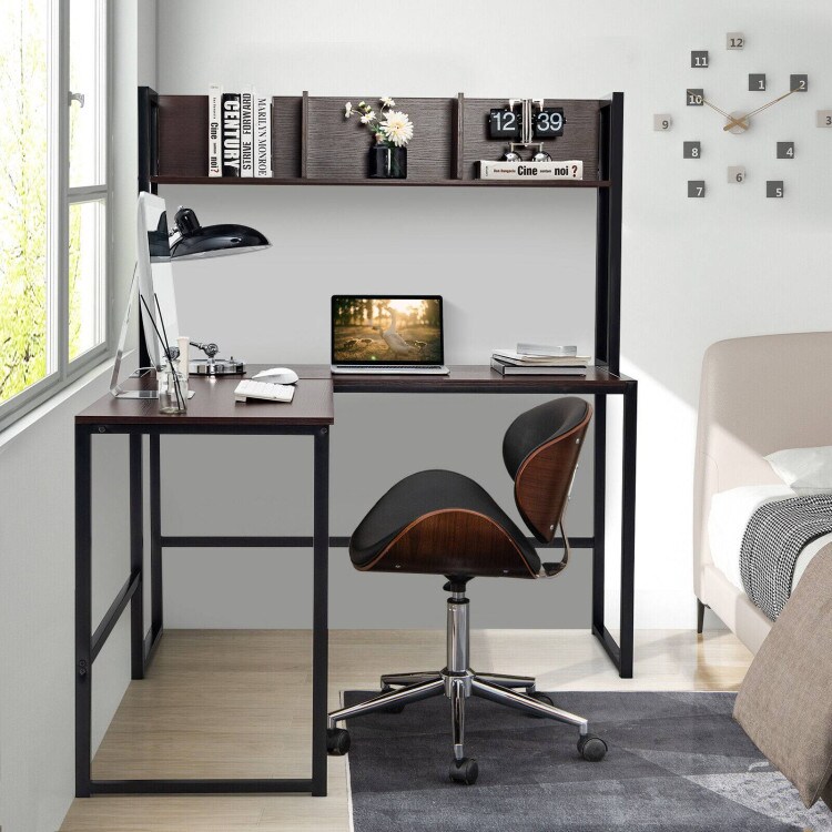 Reversible L-Shaped Corner Desk with Storage Bookshelf and Open Storage Hutch