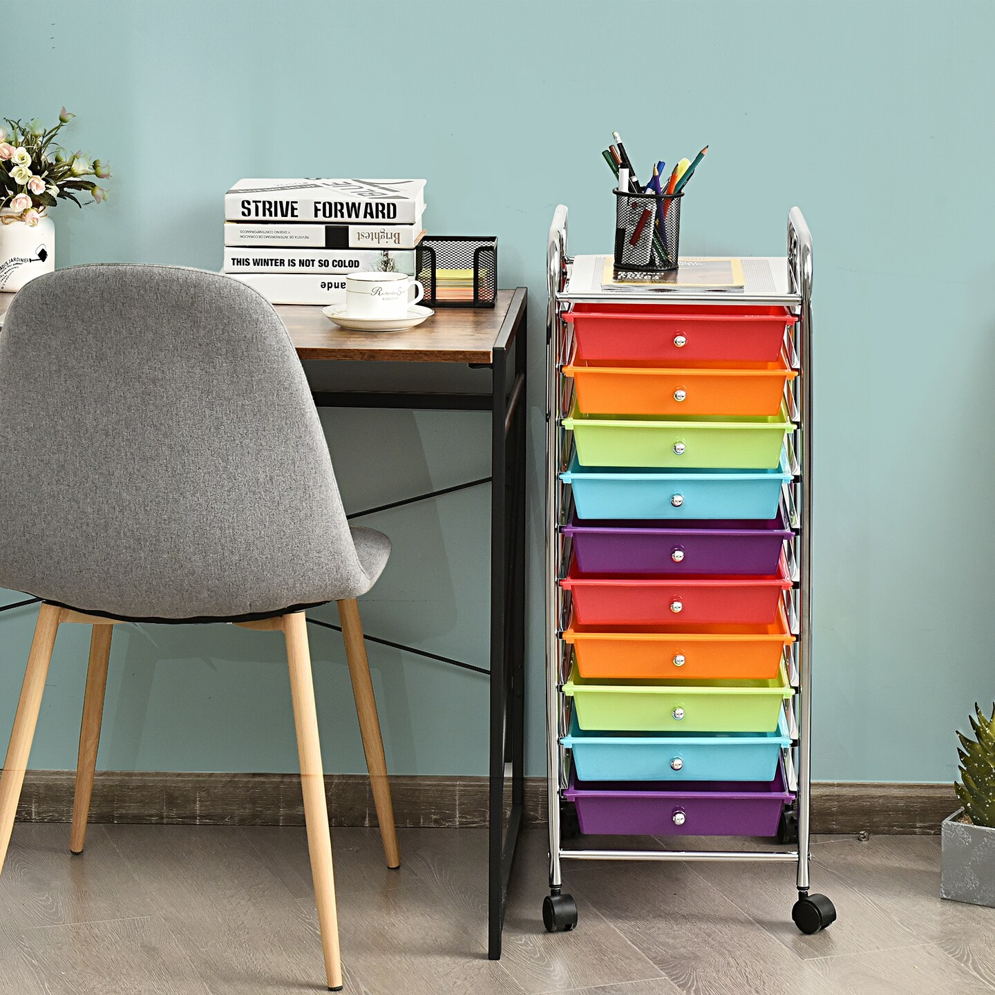 10 Drawer Rolling Storage Cart Organizer with 2 Lockable Casters