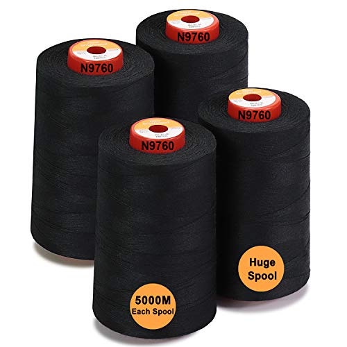 30 Options - 4 Large Cones of 5500Y (5000M) Each All Purpose Spun Polyester Thread 40S/2 (Tex27) for Serger, Overlock, Quilting, Piecing and Sewing - Black