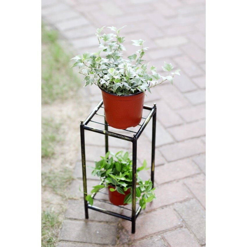 17" Gray Stone Slab 2 Tier Small Square Cast-Iron Plant Stand