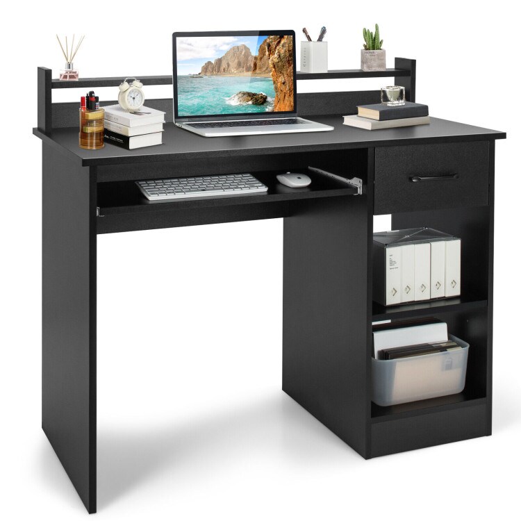 Modern Computer Desk with Large Drawer Pull-Out Keyboard Tray and Multi-Level Storage Shelf