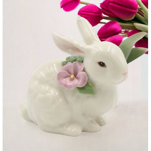 kevinsgiftshoppe Ceramic Bunny Rabbit with Pink Pansy Flower Figurine Home Decor   Kitchen Decor Spring Decor Easter Decor