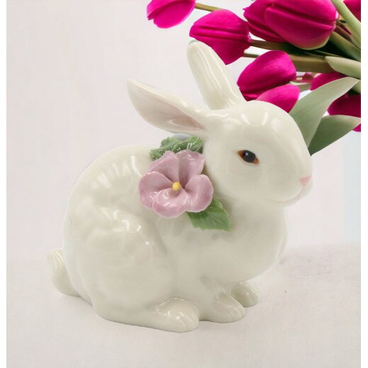 kevinsgiftshoppe Ceramic Bunny Rabbit with Pink Pansy Flower Figurine ...