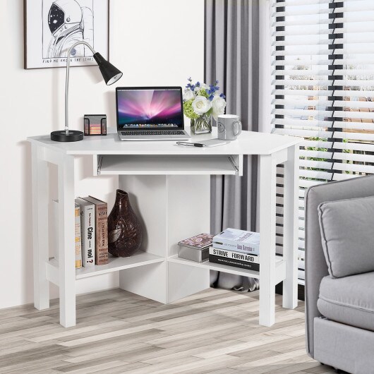 Wooden Study Computer Corner Desk with Drawer and Slide-Out Keyboard Tray