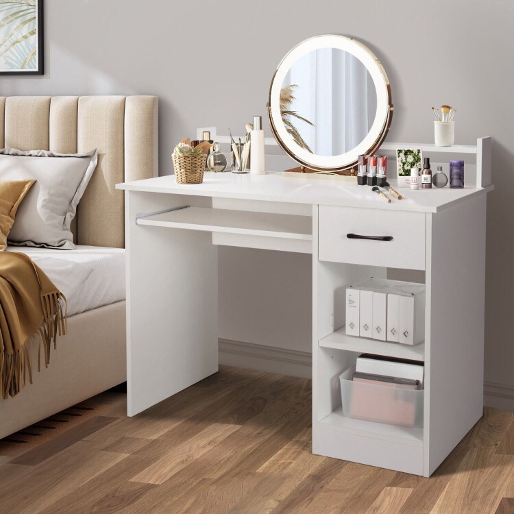 Modern Computer Desk with Large Drawer Pull-Out Keyboard Tray and Multi-Level Storage Shelf