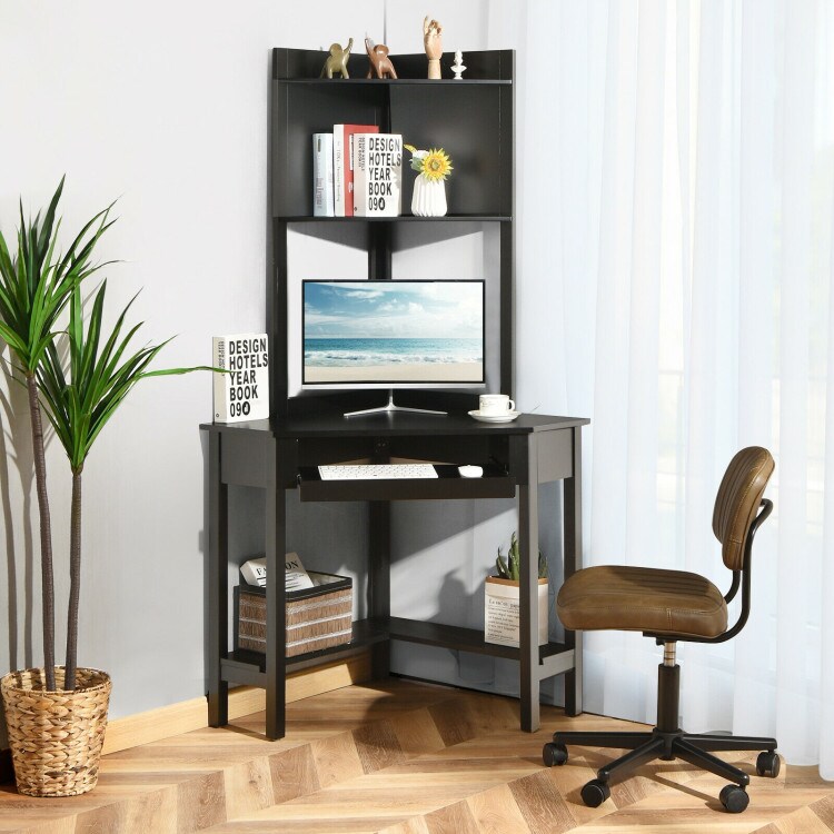Triangle Corner Computer Desk with Open Hutch and Storage Shelves Ideal Choice for Any Room