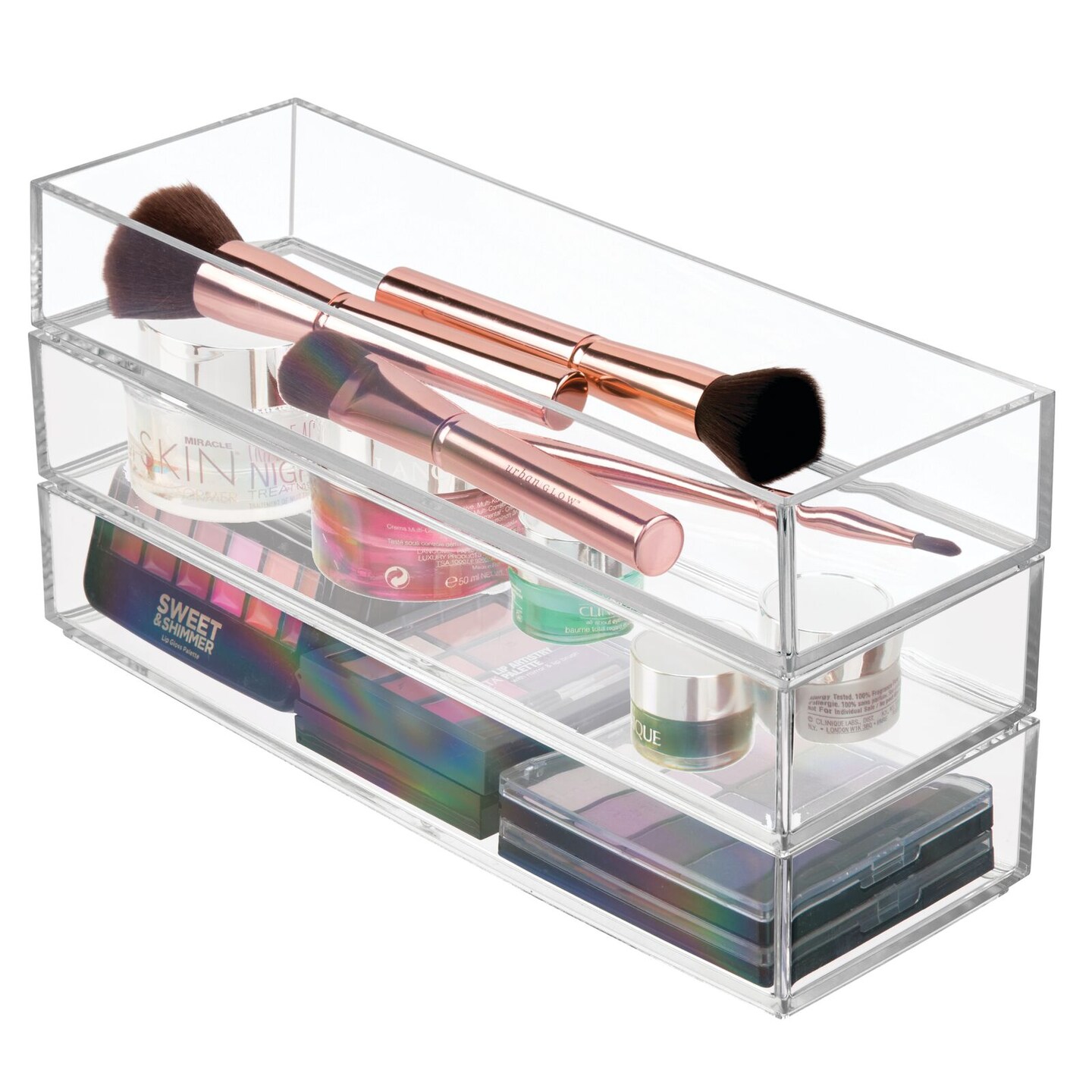 mDesign Plastic Stackable Bathroom Cosmetic Storage Organizer with Drawer, Clear