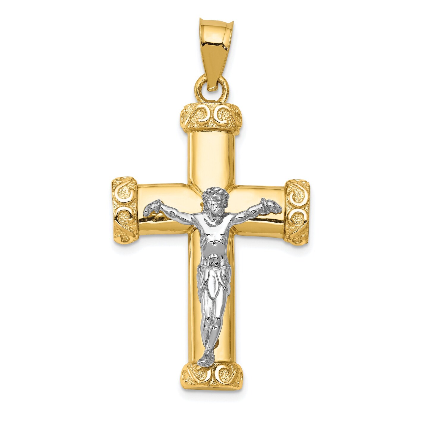 14K Two Tone Gold Crucifix Pendant Charm Jewelry 34mm x 17mm