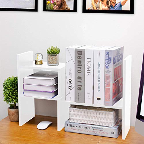 Desktop Organizer Office Storage Rack Adjustable Wood Display Shelf - Free Style Double H Display - True Natural Stand Shelf (White)