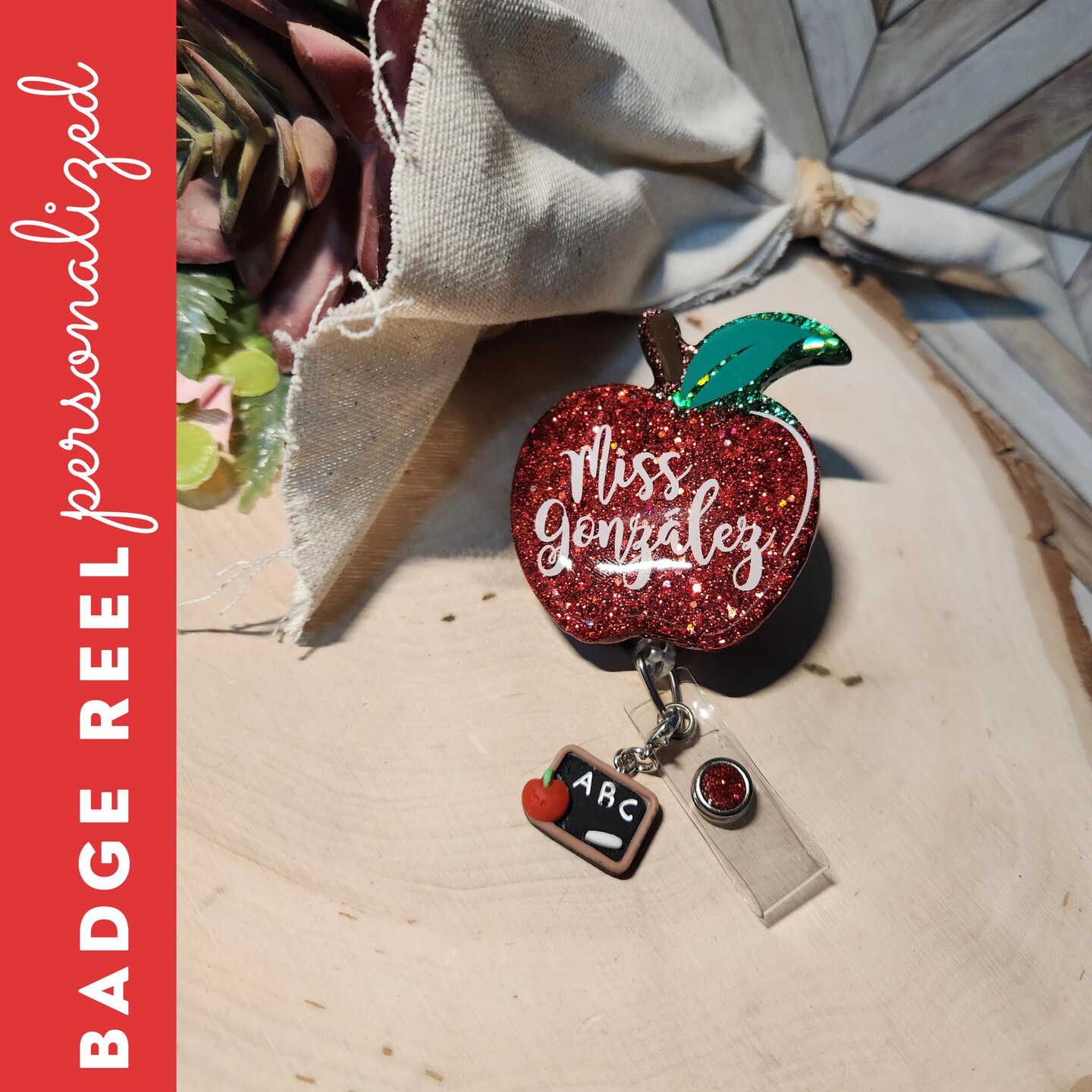 Epoxy Apple Badge Reel - Teacher Gift - Back to School - Personalized -  Happy Face - GLITTER - SPARKLY - FUN