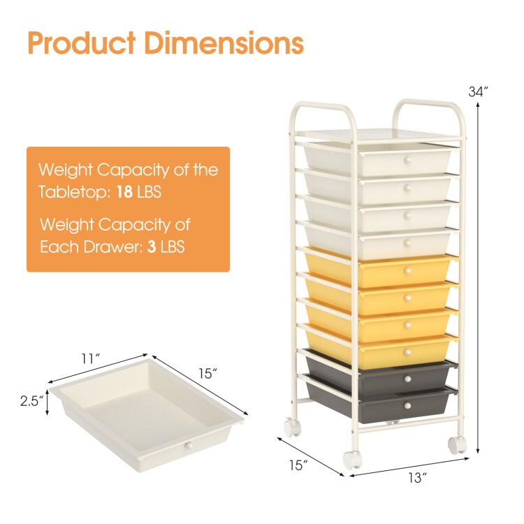 10 Drawer Rolling Storage Cart Organizer with 2 Lockable Casters