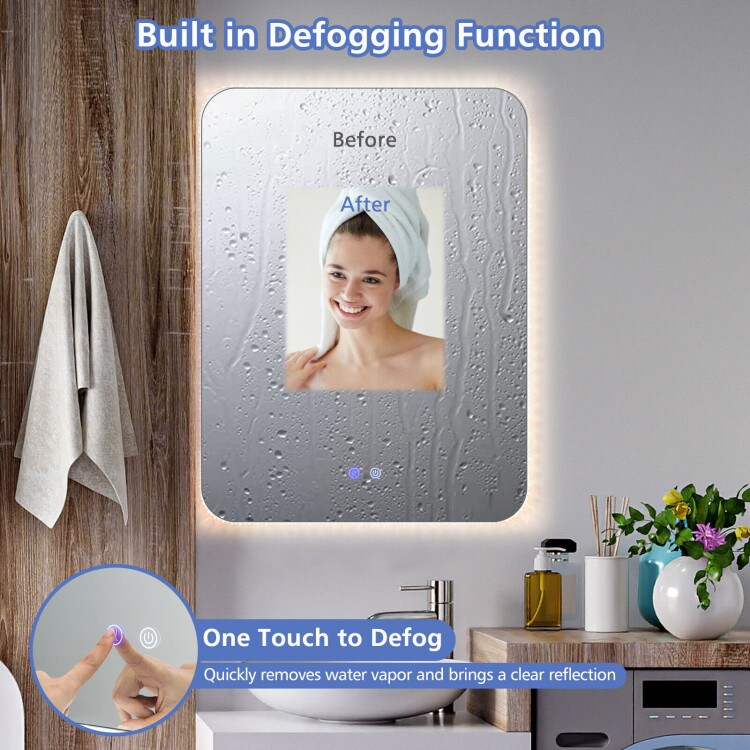 32 x 24 Inch Shatterproof Wall Mirror with 3-Color Lights and Anti-Fog Function