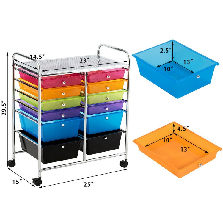 12 Storage Drawer Organizer Bins Rolling Cart with 360&#xB0; Swivel Casters