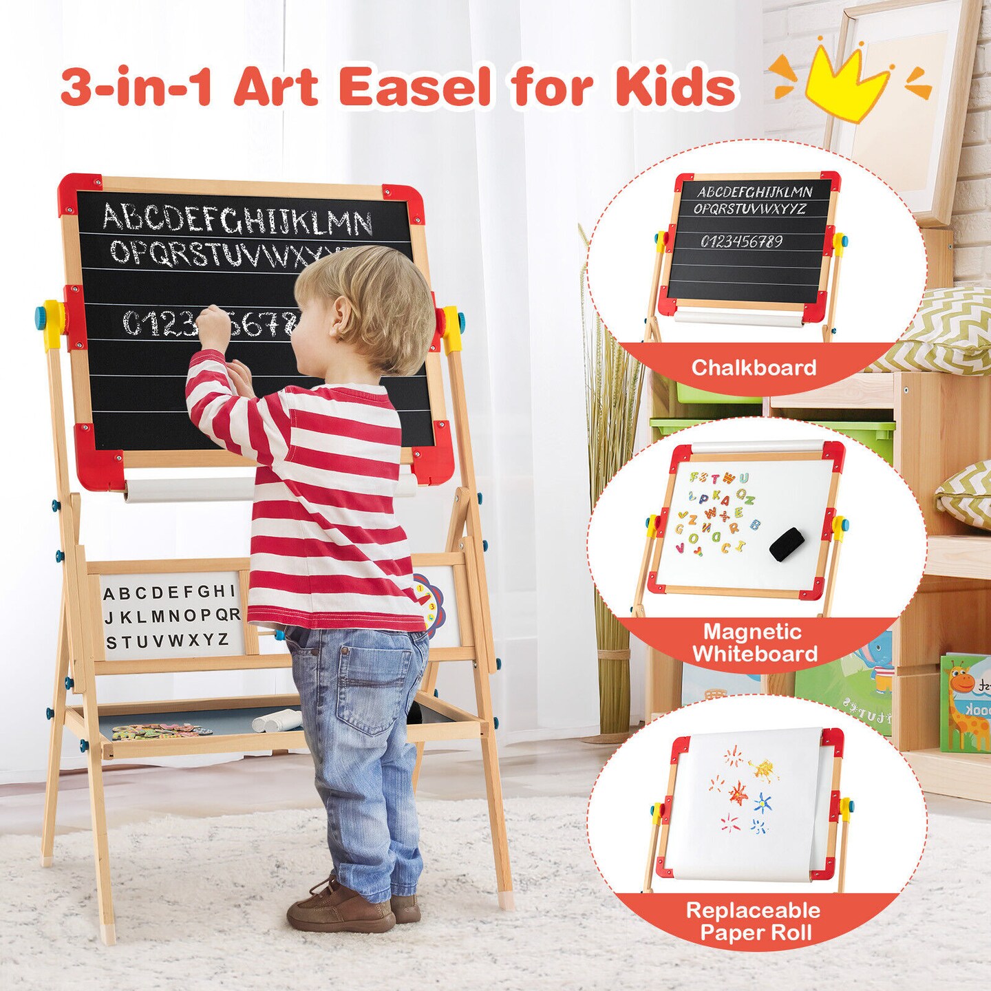 BABY 3-in-1 Kids Art Easel with Dry-Erase Board, Chalkboard, Paper
