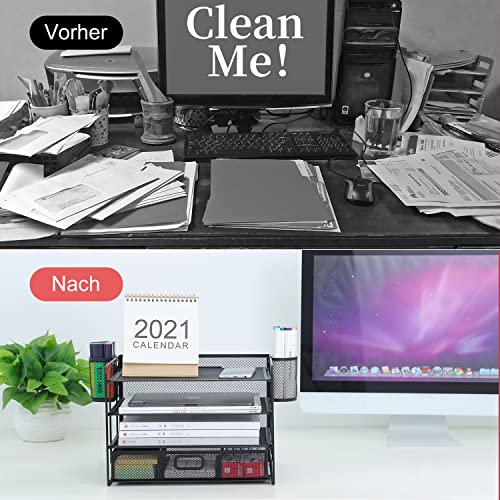 4 Tier Paper Letter Tray Organizer with Drawer and Pen Holder, Mesh Desktop Organizer Storage for Office Supplies (Black)