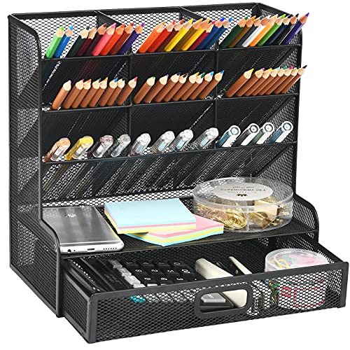 Marbrasse Mesh Desk/ Desktop Stationary Organizer, Multi-Functional Pen Holder, Storage Rack for School Home Office Art Supplies (Black Mesh Pen Holder with Drawer)