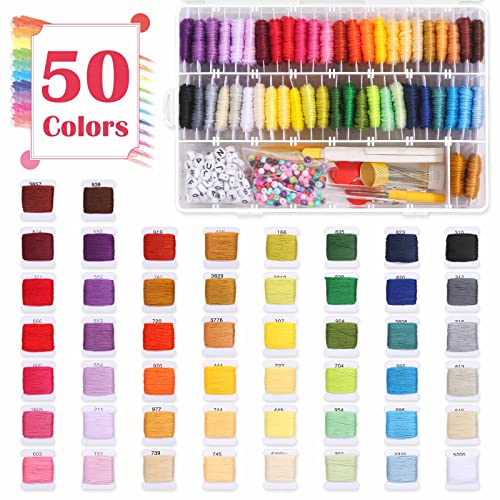 488 Pcs String Bracelet Making Kit, Friendship Bracelet String Kit with 50 Skeins Embroidery Floss Cross Stitch Thread, 400Pcs Friendship Bracelet Beads, 37Pcs Embroidery Tools and Storage Box