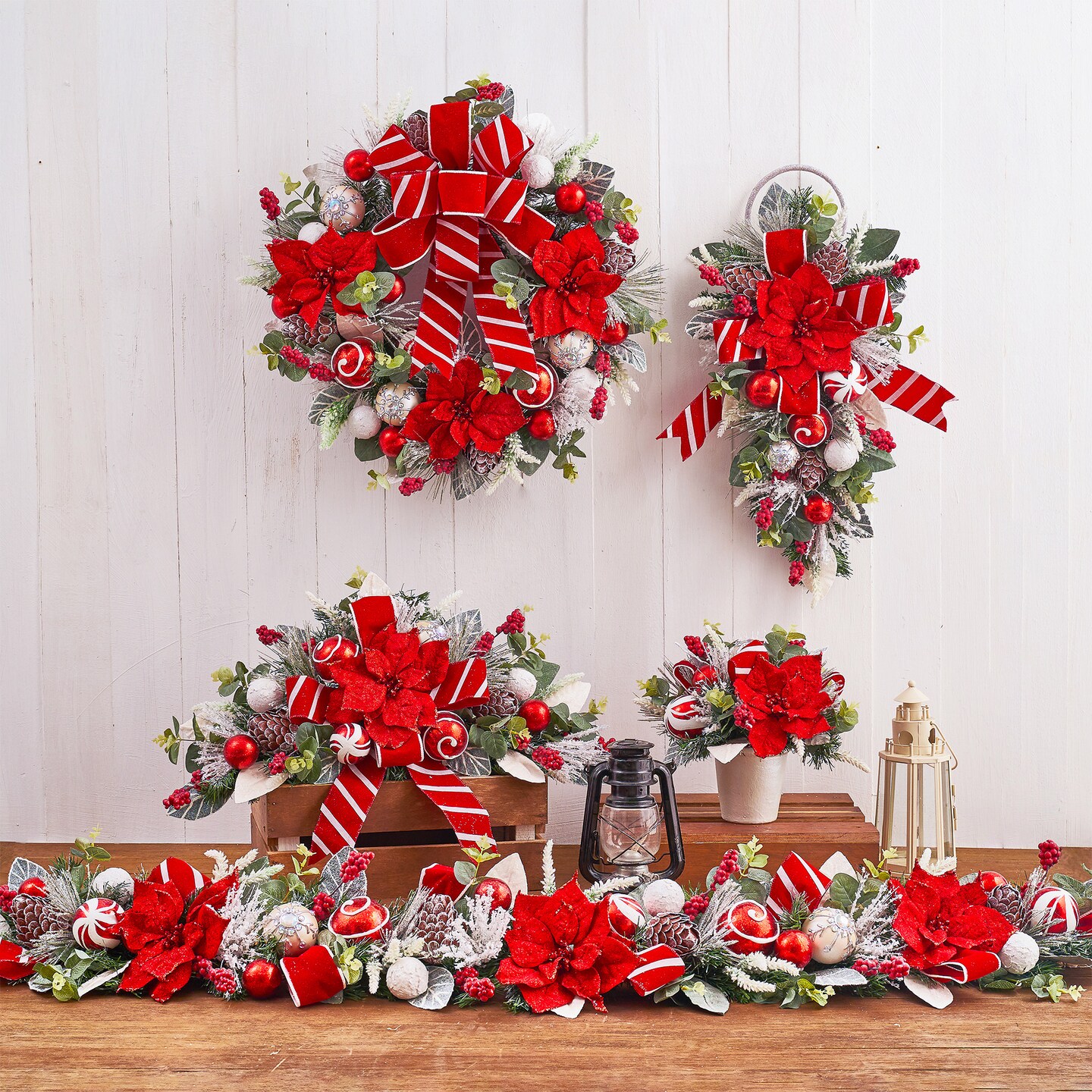 Red, Gold, Blue, Green Poinsettia, Magnolia Garland (Unlit)