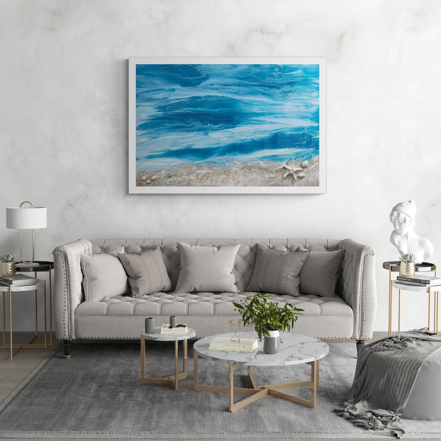 Turquoise ocean waves. Acrylic. large paintings. Decor home. Marine Art  with Shells,Ocean Art Canvas Art, modern art. Canvas: size 24x36