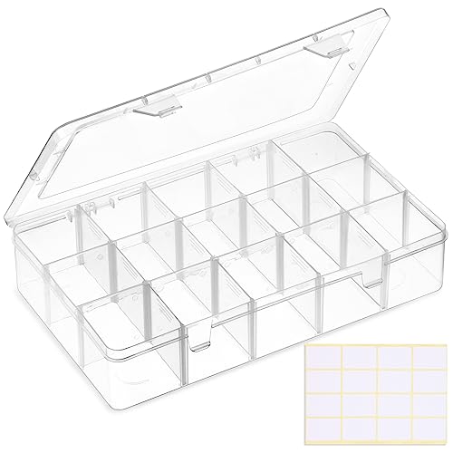 SGHUO 15 Grids Large Clear Plastic Organizer Storage Box Container Craft Storage with Adjustable Dividers for Beads, Art DIY, Crafts, Jewelry, Fishing Tackle with Label Stickers